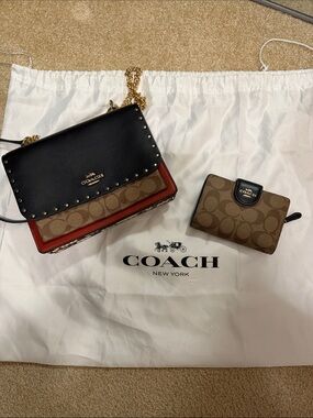 Coach Two-Tone Signature Crossbody and Wallet - Black, Brown, Red